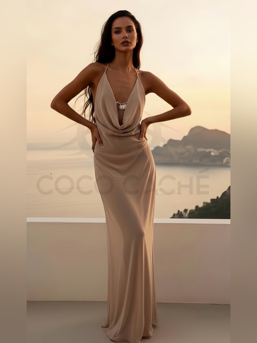 Elegant Chiffon Evening Gown Shell Trim Backless Sheer Maxi Dress Cocktail Party - Picture 1 of 14
